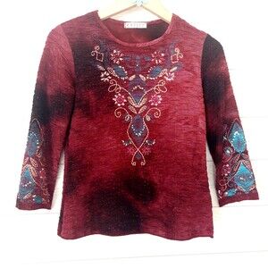 Red Embroidered Top M Art To Wear Red Long Sleeve Crinkle Stretch Shirt
